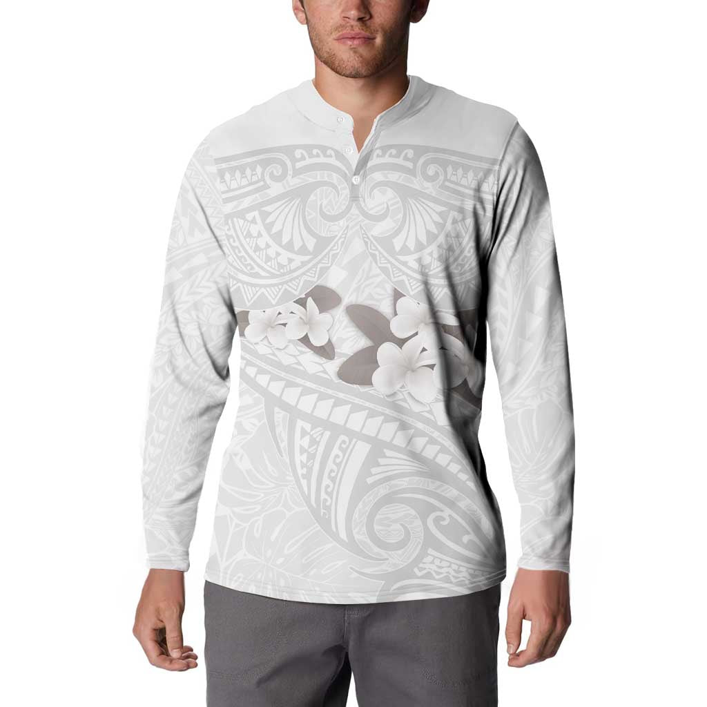White Polynesia Button Sweatshirt Tribal Pattern Tropical Frangipani LT14 - Polynesian Pride