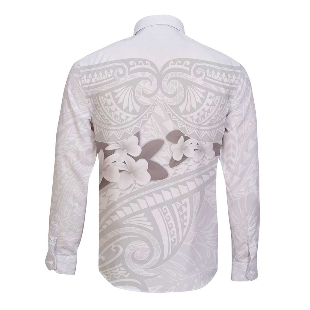 White Polynesia Long Sleeve Button Shirt Tribal Pattern Tropical Frangipani LT14 - Polynesian Pride