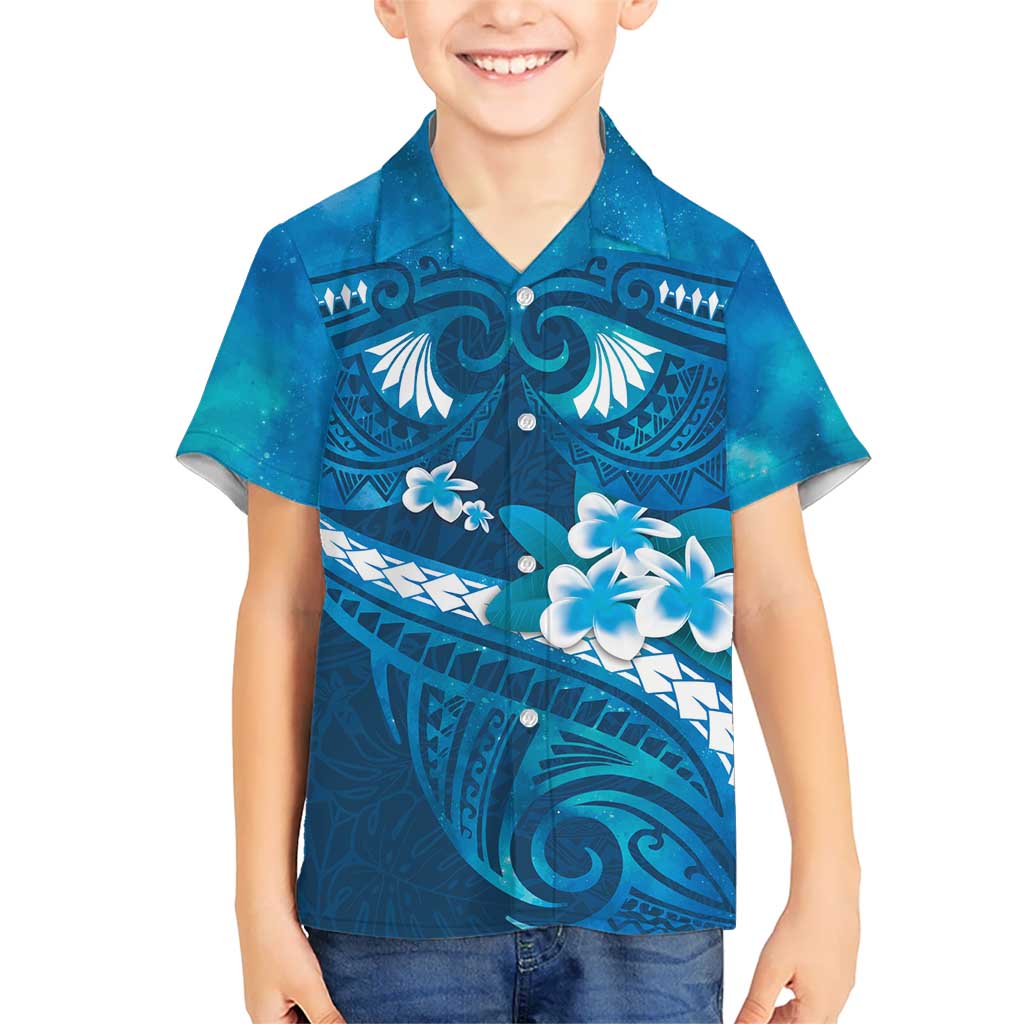 Blue Polynesia Kid Hawaiian Shirt Tribal Pattern Tropical Frangipani LT14 Kid Blue - Polynesian Pride