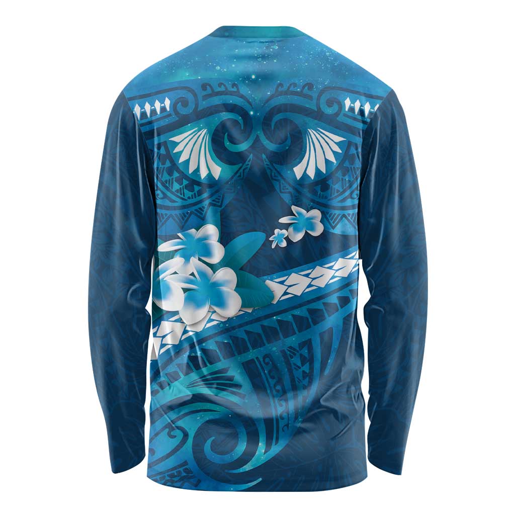 Blue Polynesia Long Sleeve Shirt Tribal Pattern Tropical Frangipani LT14 - Polynesian Pride