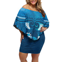 Blue Polynesia Off Shoulder Short Dress Tribal Pattern Tropical Frangipani LT14 Women Blue - Polynesian Pride