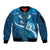 Blue Polynesia Sleeve Zip Bomber Jacket Tribal Pattern Tropical Frangipani