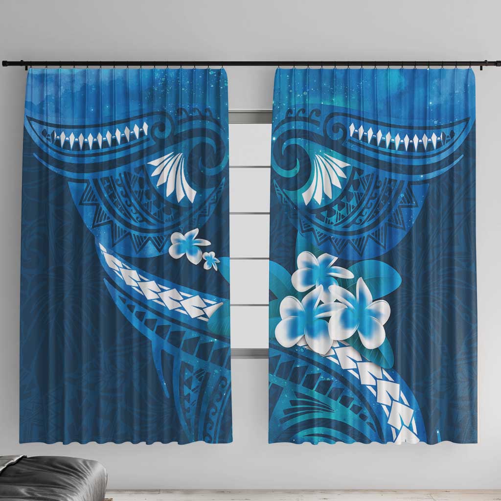 Blue Polynesia Window Curtain Tribal Pattern Tropical Frangipani LT14 With Hooks Blue - Polynesian Pride
