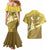 Gold Polynesia Couples Matching Mermaid Dress and Hawaiian Shirt Tribal Pattern Tropical Frangipani