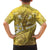 Gold Polynesia Family Matching Off The Shoulder Long Sleeve Dress and Hawaiian Shirt Tribal Pattern Tropical Frangipani