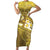 Gold Polynesia Family Matching Short Sleeve Bodycon Dress and Hawaiian Shirt Tribal Pattern Tropical Frangipani