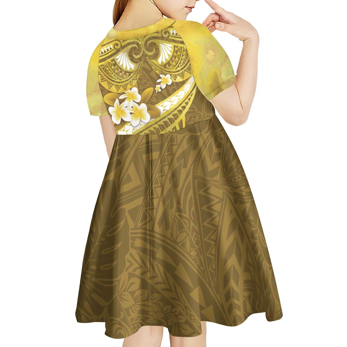 Gold Polynesia Kid Short Sleeve Dress Tribal Pattern Tropical Frangipani LT14 - Polynesian Pride