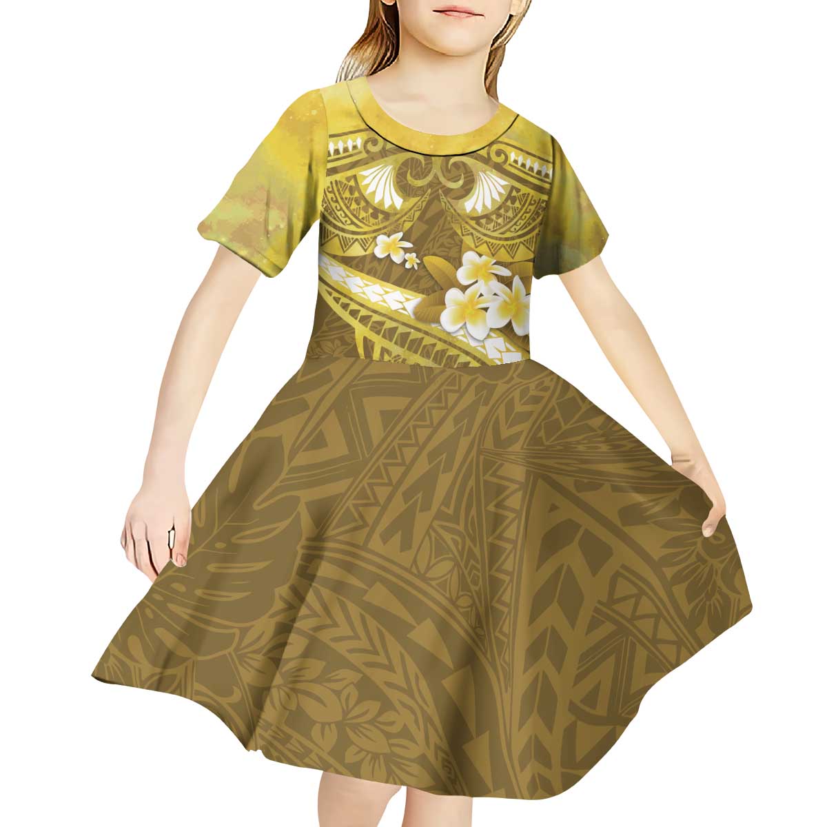 Gold Polynesia Kid Short Sleeve Dress Tribal Pattern Tropical Frangipani LT14 - Polynesian Pride