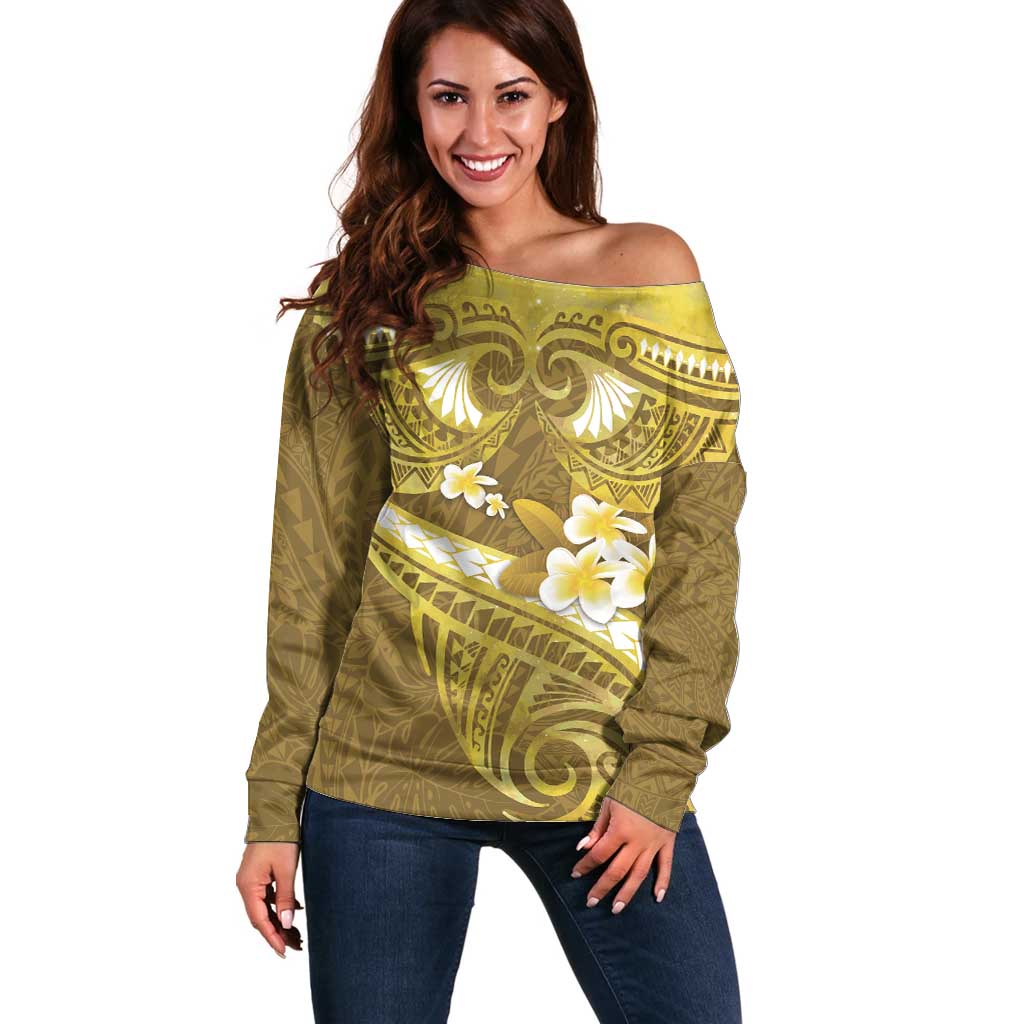 Gold Polynesia Off Shoulder Sweater Tribal Pattern Tropical Frangipani LT14 Women Gold - Polynesian Pride