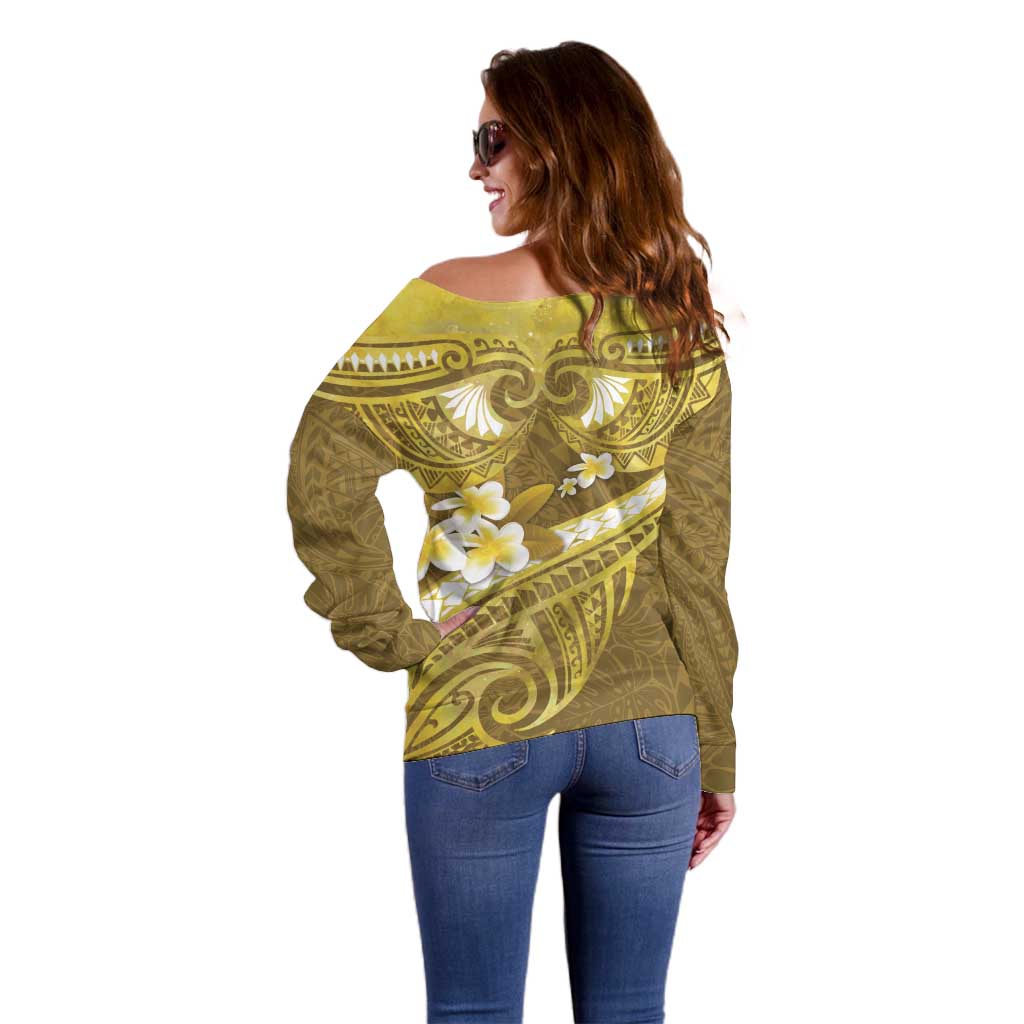 Gold Polynesia Off Shoulder Sweater Tribal Pattern Tropical Frangipani LT14 - Polynesian Pride