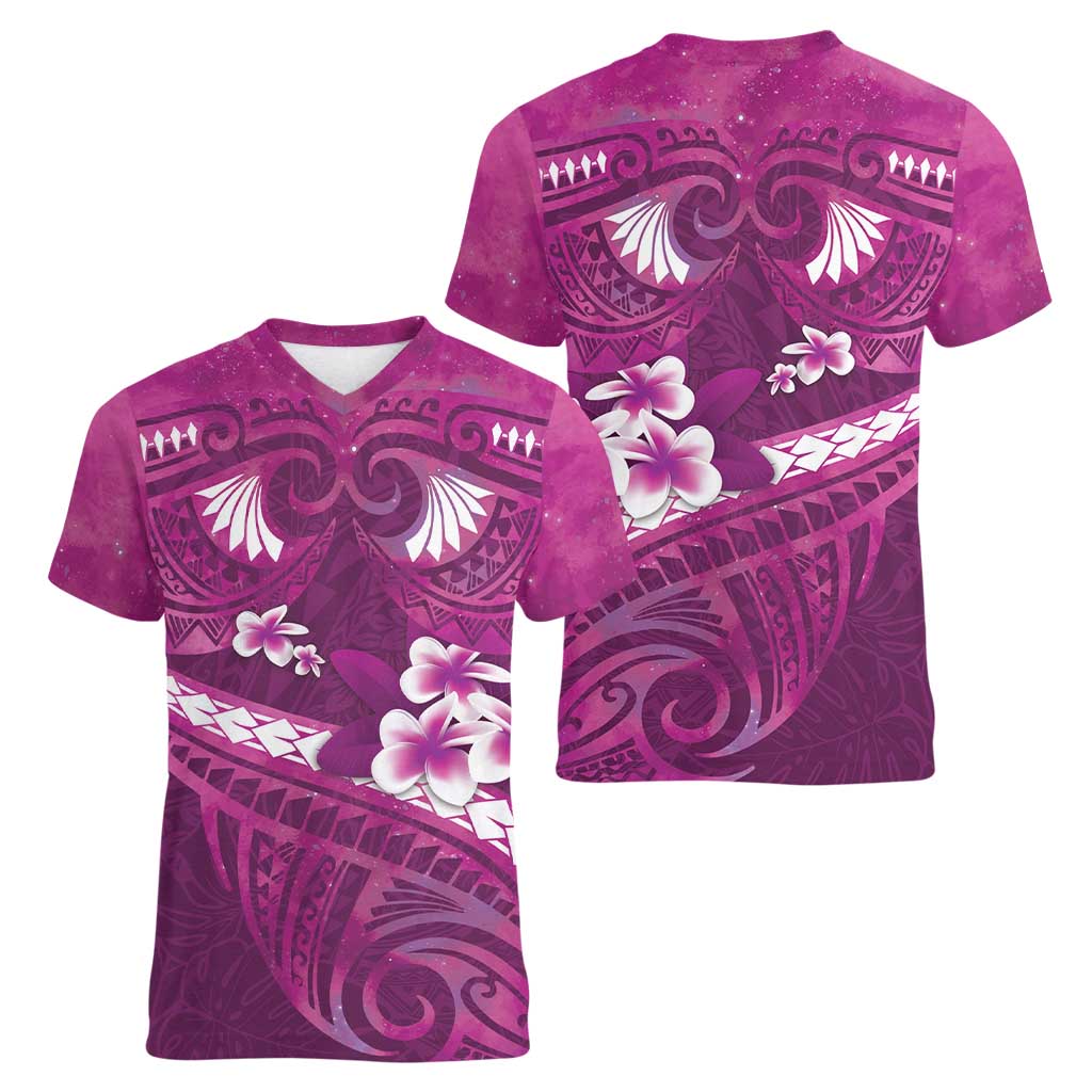Pink Polynesia Women V-Neck T-Shirt Tribal Pattern Tropical Frangipani LT14 - Polynesian Pride