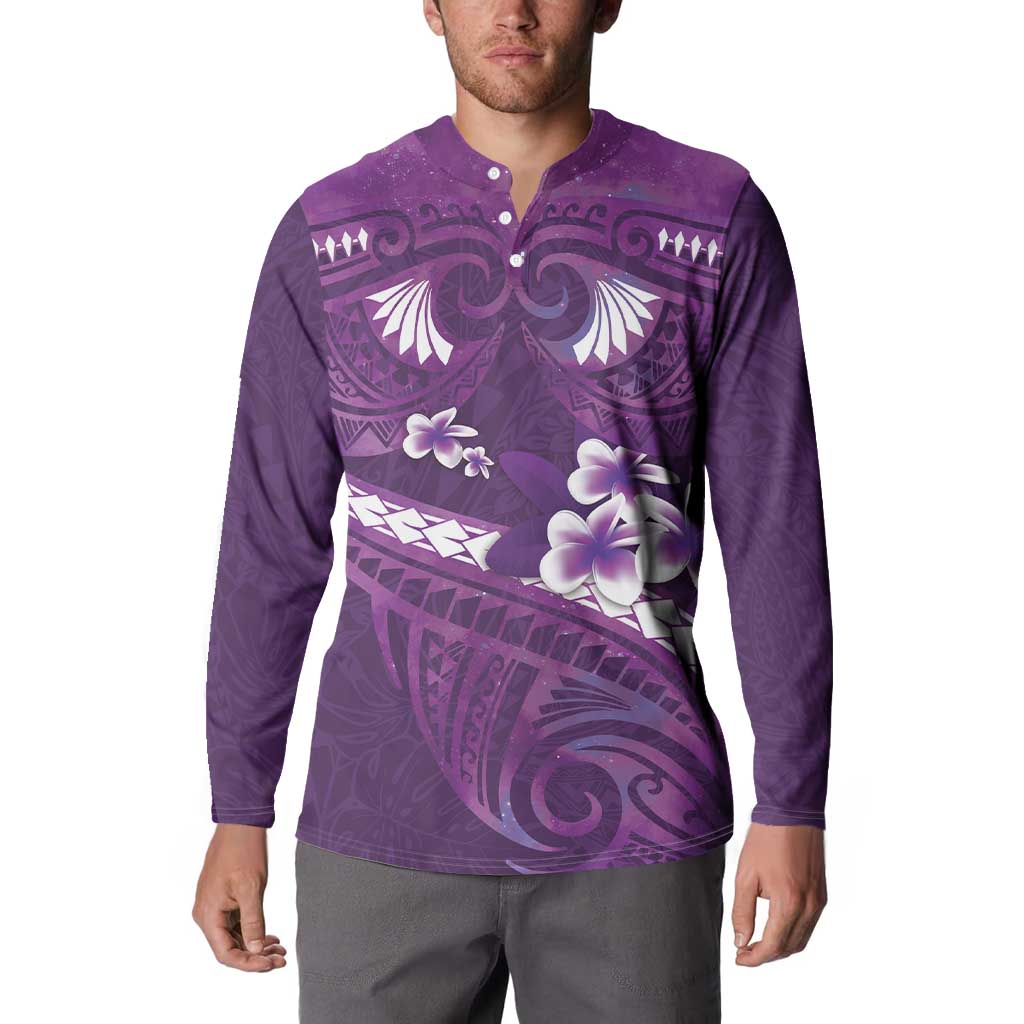 Purple Polynesia Button Sweatshirt Tribal Pattern Tropical Frangipani LT14 - Polynesian Pride