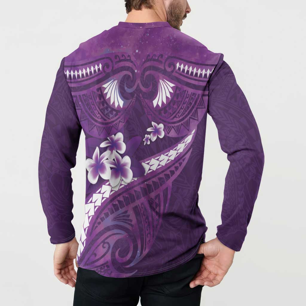 Purple Polynesia Button Sweatshirt Tribal Pattern Tropical Frangipani LT14 - Polynesian Pride