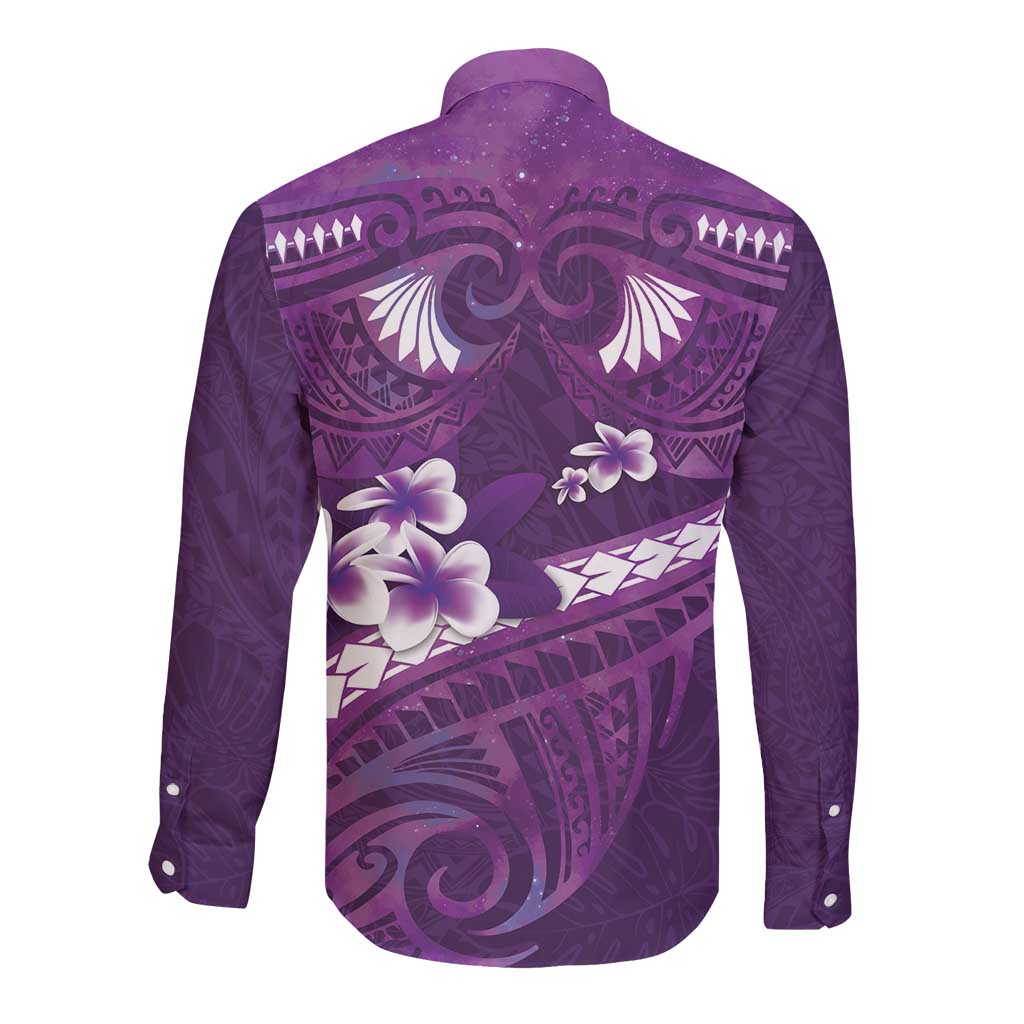 Purple Polynesia Long Sleeve Button Shirt Tribal Pattern Tropical Frangipani LT14 - Polynesian Pride