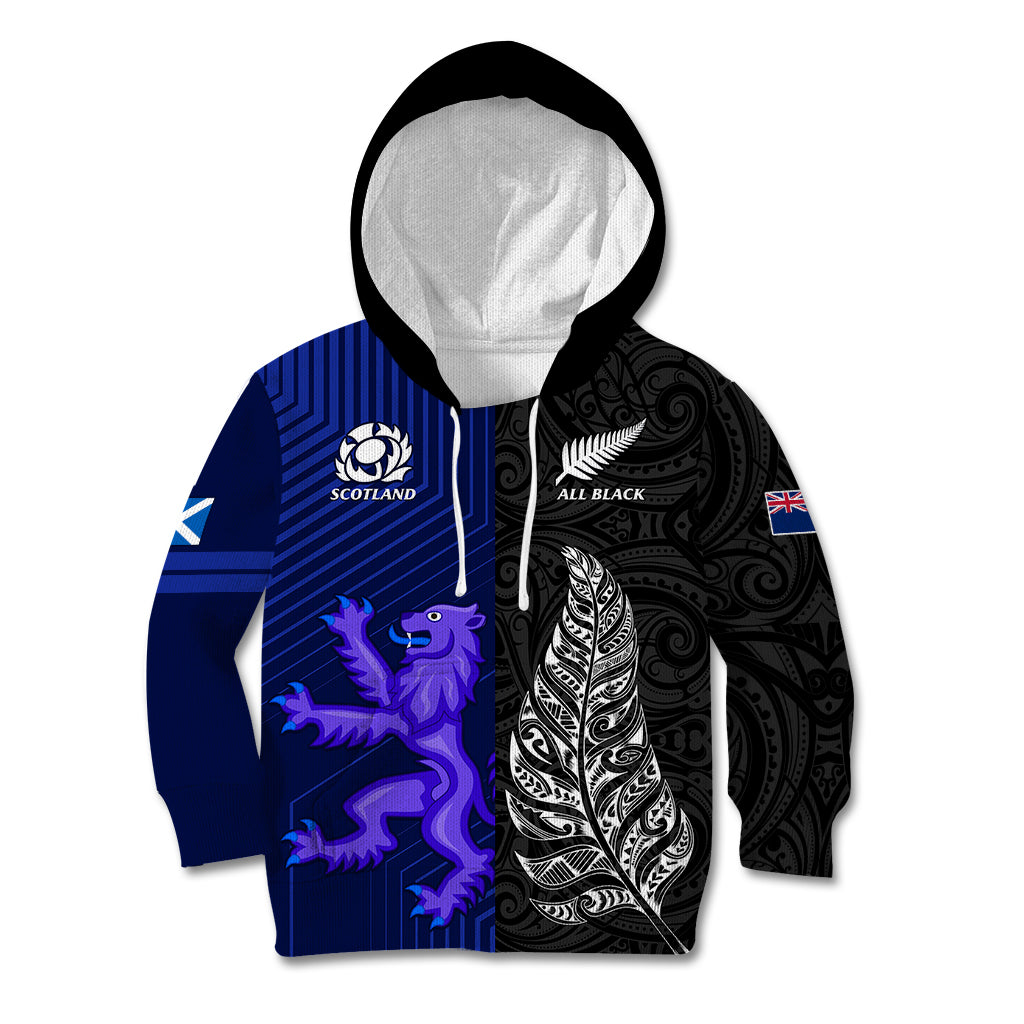 New Zealand and Scotland Rugby Kid Hoodie All Black Maori With Thistle Together LT14 Hoodie Black - Polynesian Pride