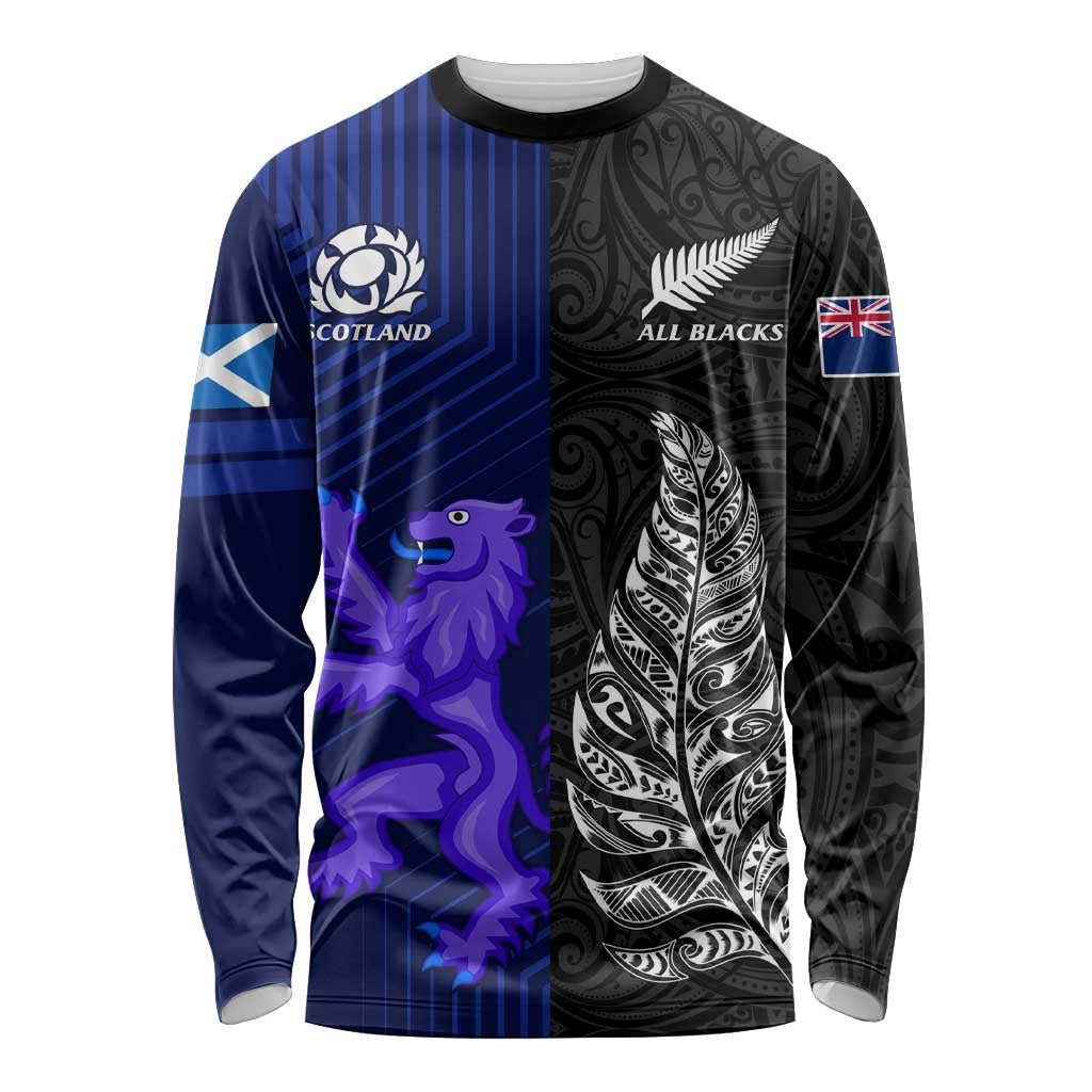 New Zealand and Scotland Rugby Long Sleeve Shirt All Black Maori With Thistle Together LT14 Unisex Black - Polynesian Pride