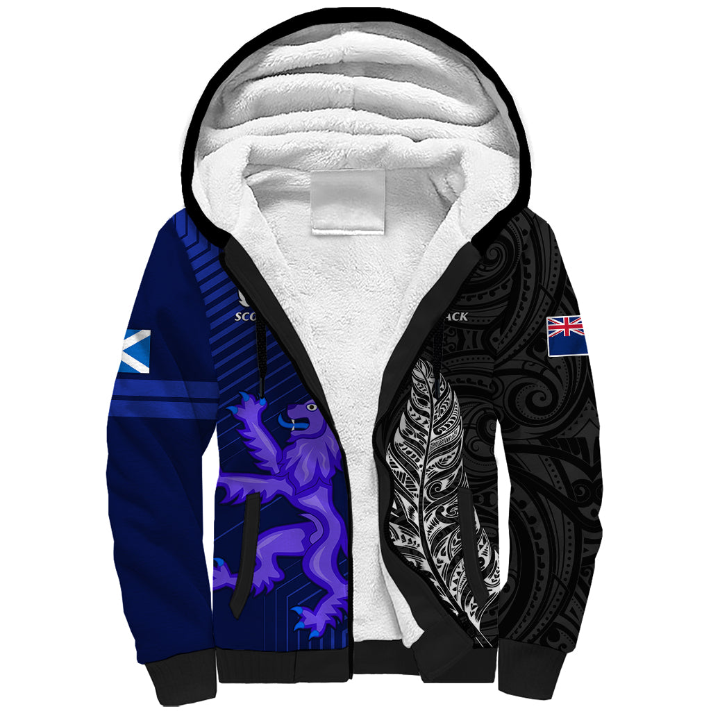 New Zealand and Scotland Rugby Sherpa Hoodie All Black Maori With Thistle Together LT14 Unisex Black - Polynesian Pride