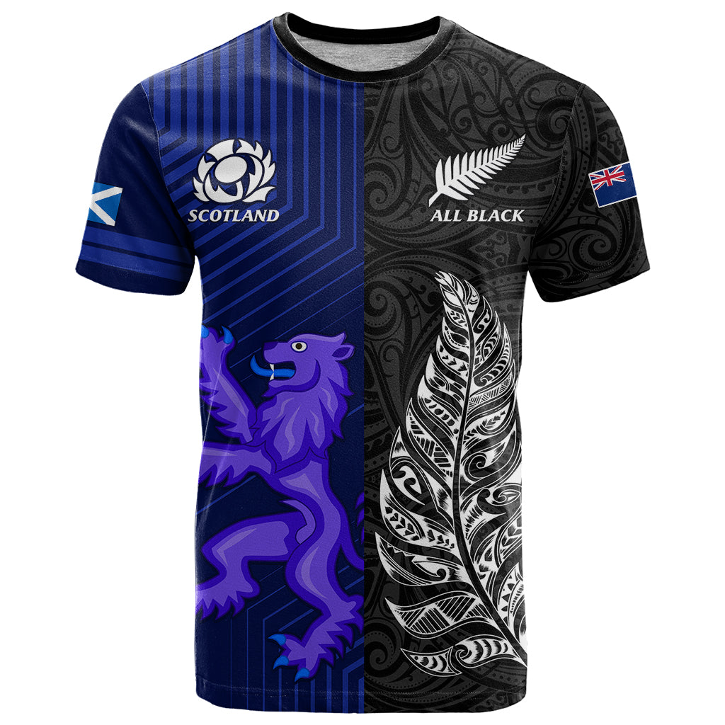Personalised New Zealand and Scotland Rugby T-Shirt - All Black Maori With Thistle Together LT14 Black - Polynesian Pride