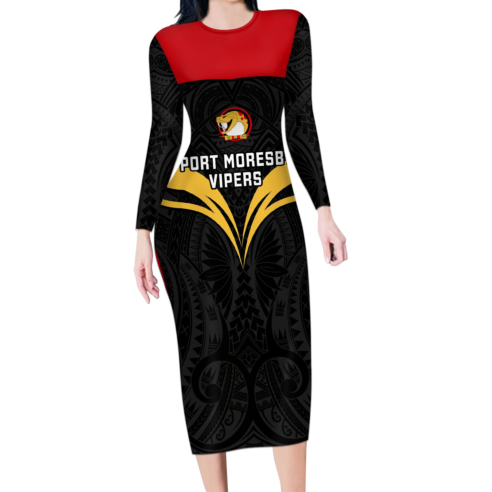 Papua New Guinea Rugby Long Sleeve Bodycon Dress Port Moresby Vipers PNG Polynesian Pattern LT14 Long Dress Black - Polynesian Pride