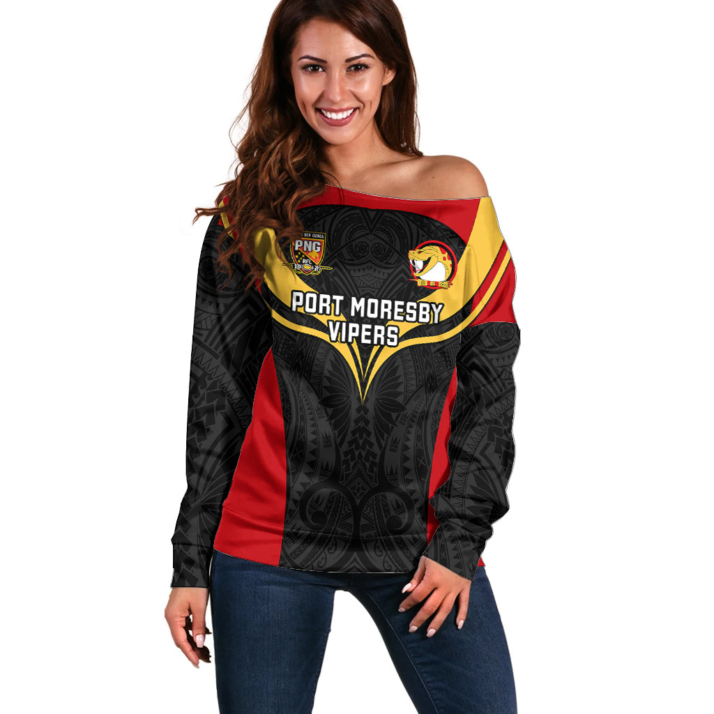 Papua New Guinea Rugby Off Shoulder Sweater Port Moresby Vipers PNG Polynesian Pattern LT14 Women Black - Polynesian Pride