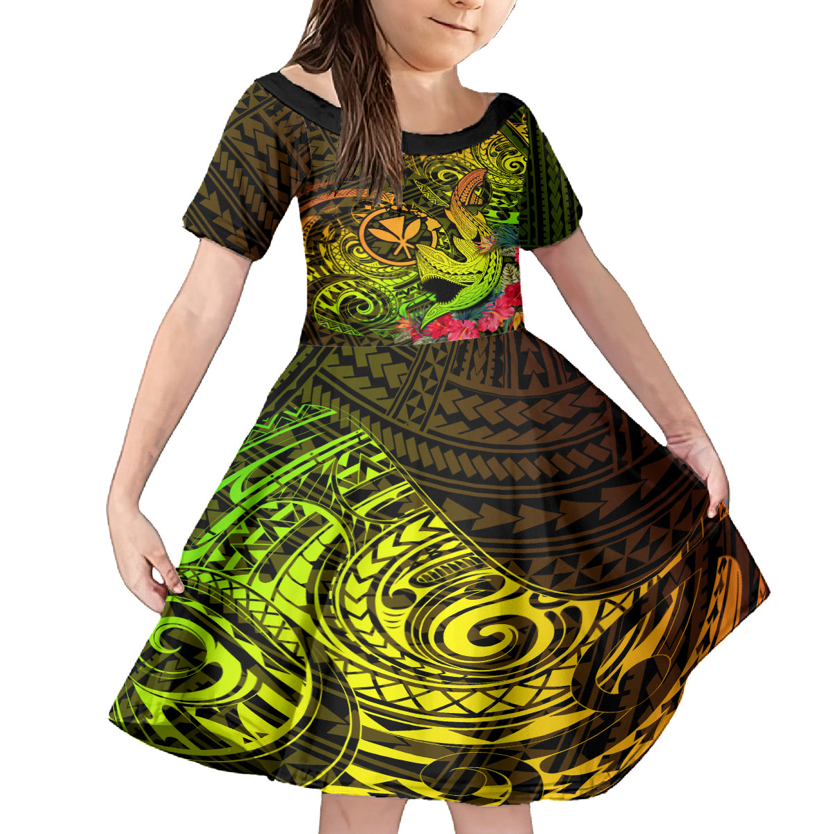 Hawaii Kid Short Sleeve Dress Kanaka Map With Polynesian Shark Tattoo Reggae Unique LT14 KID Reggae - Polynesian Pride