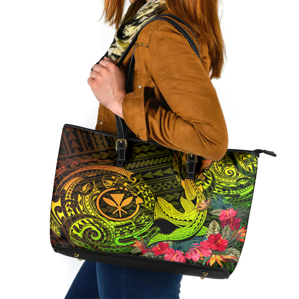 Hawaii Leather Tote Bag Kanaka Map With Polynesian Shark Tattoo Reggae Unique LT14 Reggae - Polynesian Pride