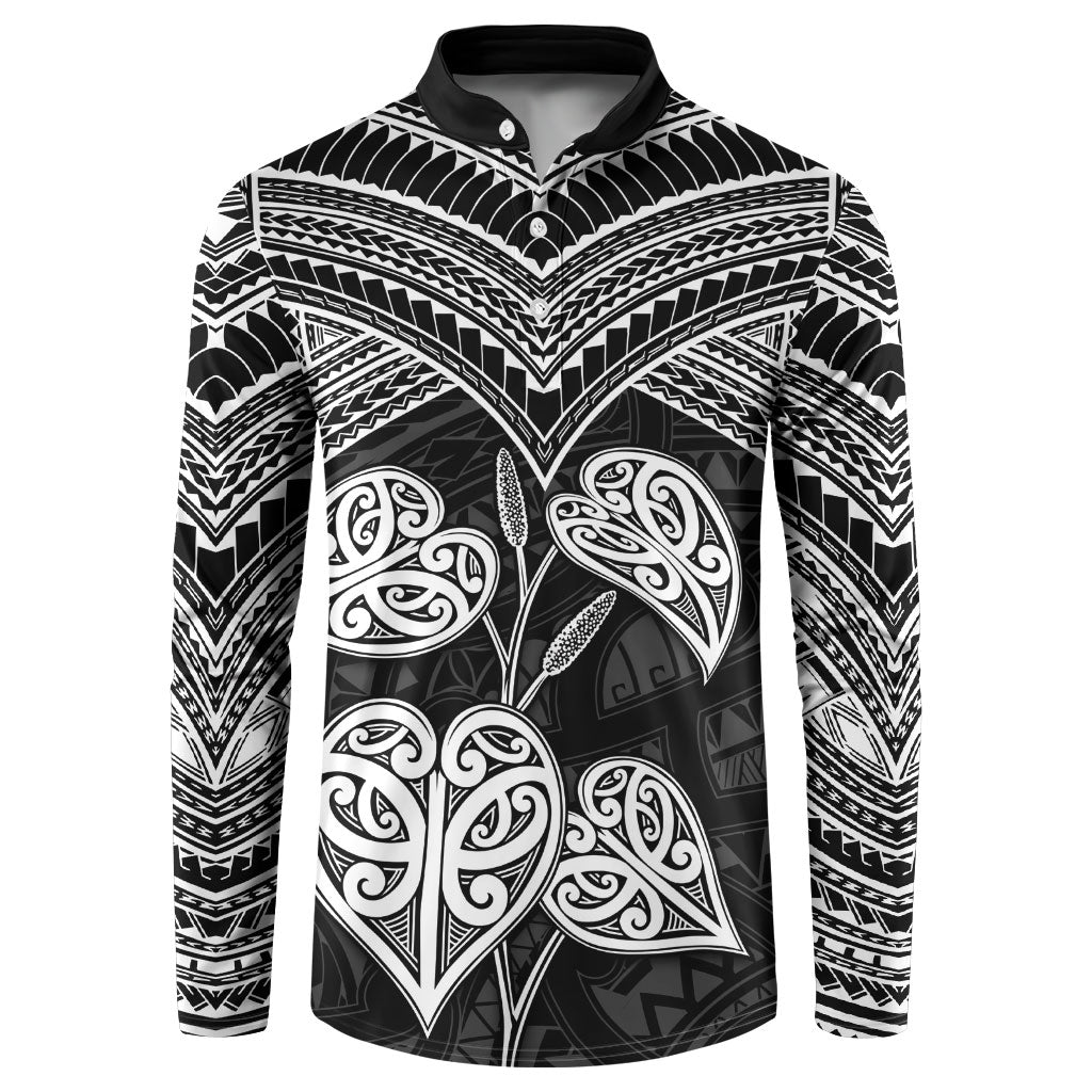 Black New Zealand Kawakawa Maori Ngaru Button Sweatshirt LT14 Black - Polynesian Pride