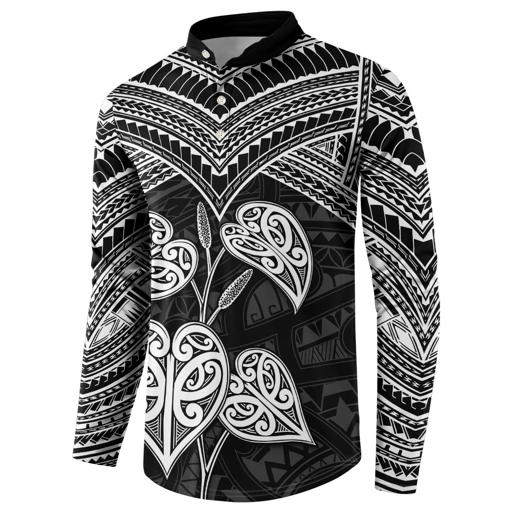 Black New Zealand Kawakawa Maori Ngaru Button Sweatshirt LT14 - Polynesian Pride