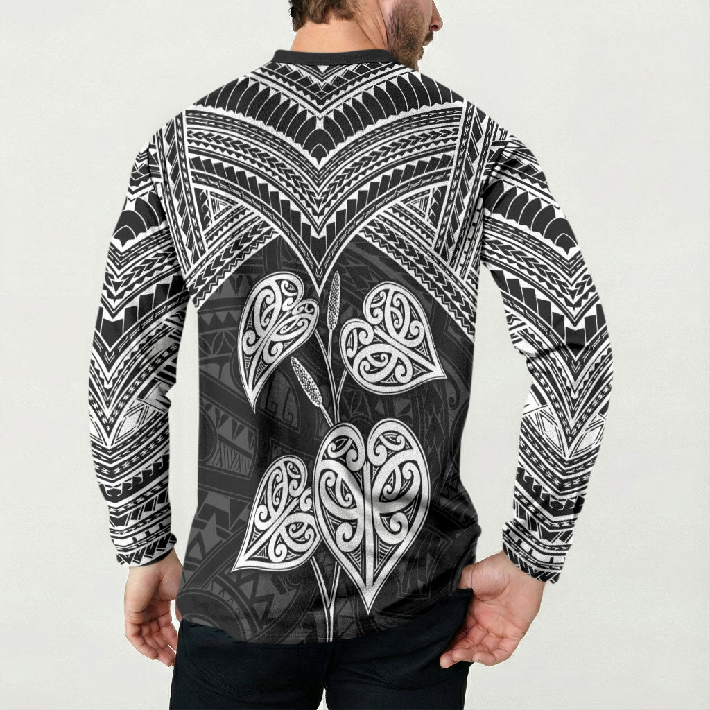 Black New Zealand Kawakawa Maori Ngaru Button Sweatshirt LT14 - Polynesian Pride