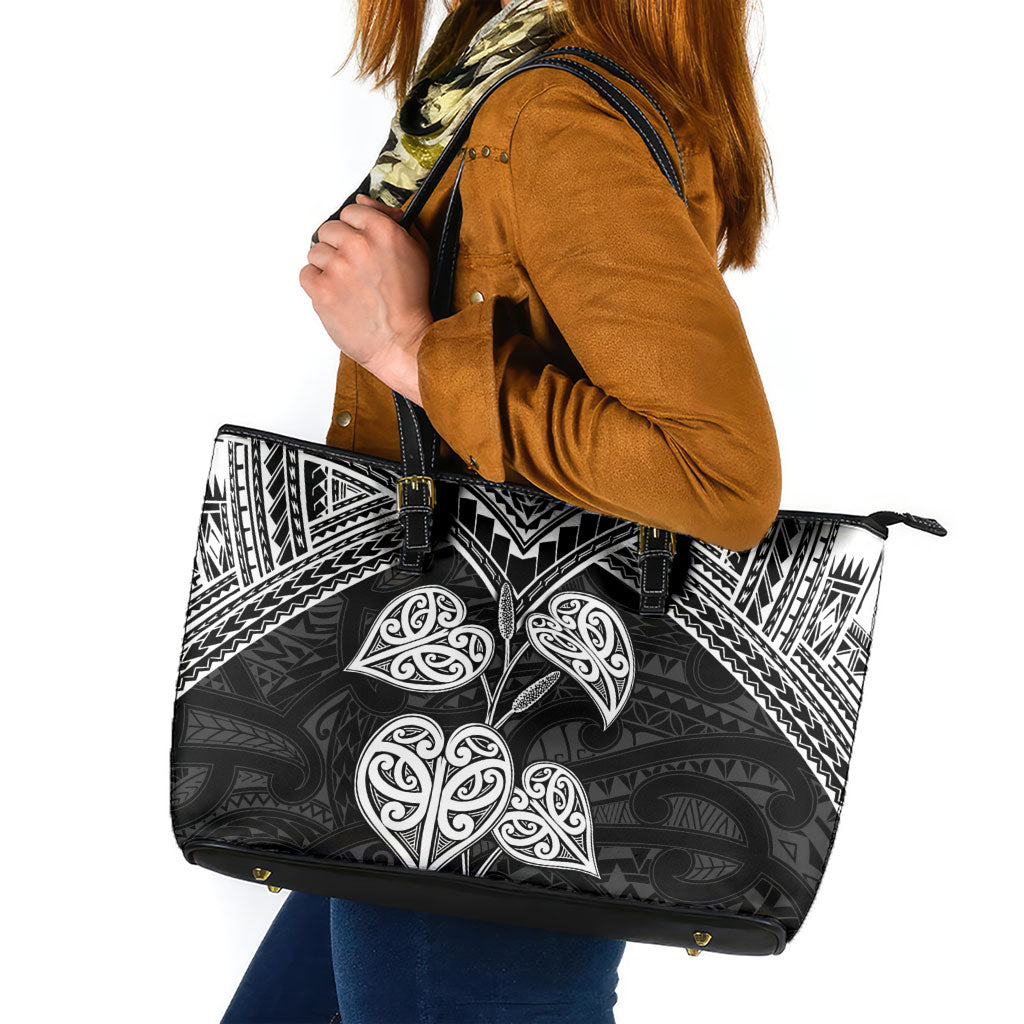 Black New Zealand Kawakawa Maori Ngaru Leather Tote Bag LT14 Black - Polynesian Pride