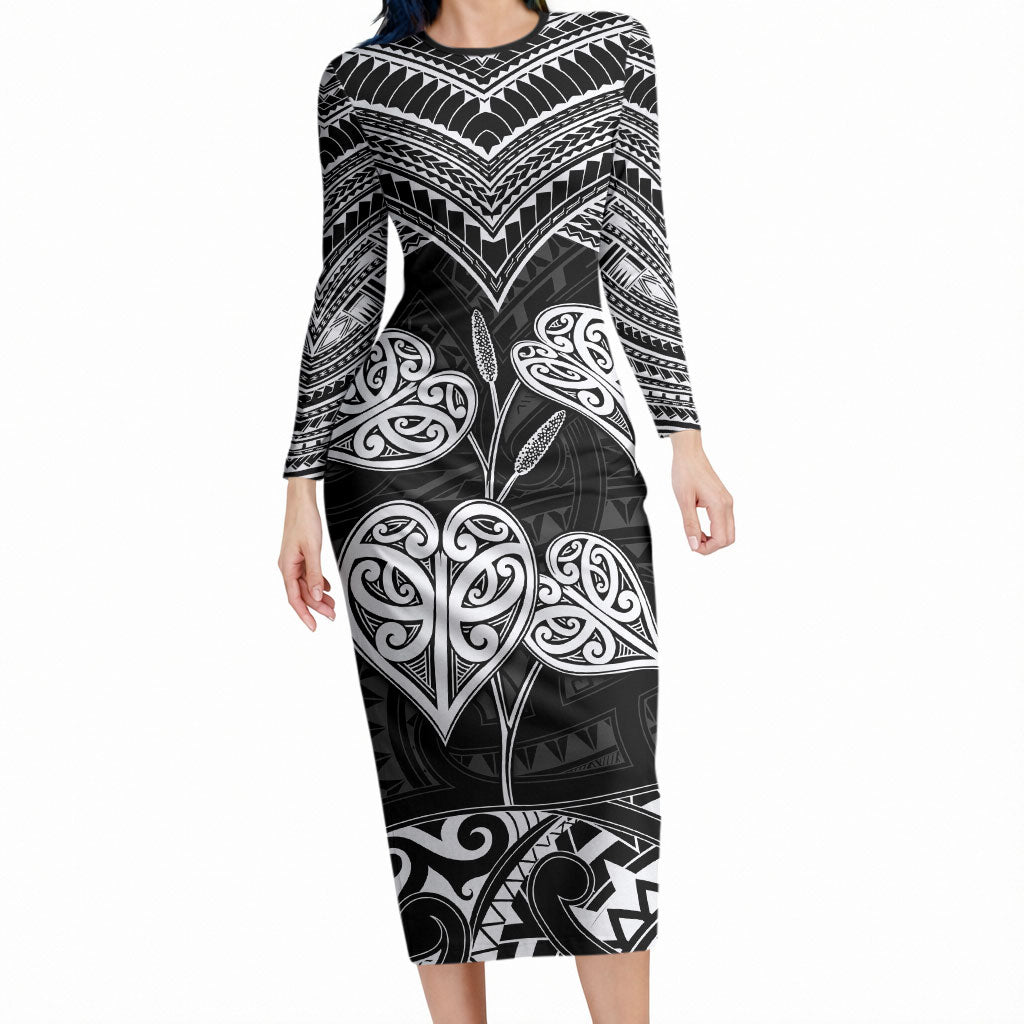 Black New Zealand Kawakawa Maori Ngaru Long Sleeve Bodycon Dress LT14 Long Dress Black - Polynesian Pride