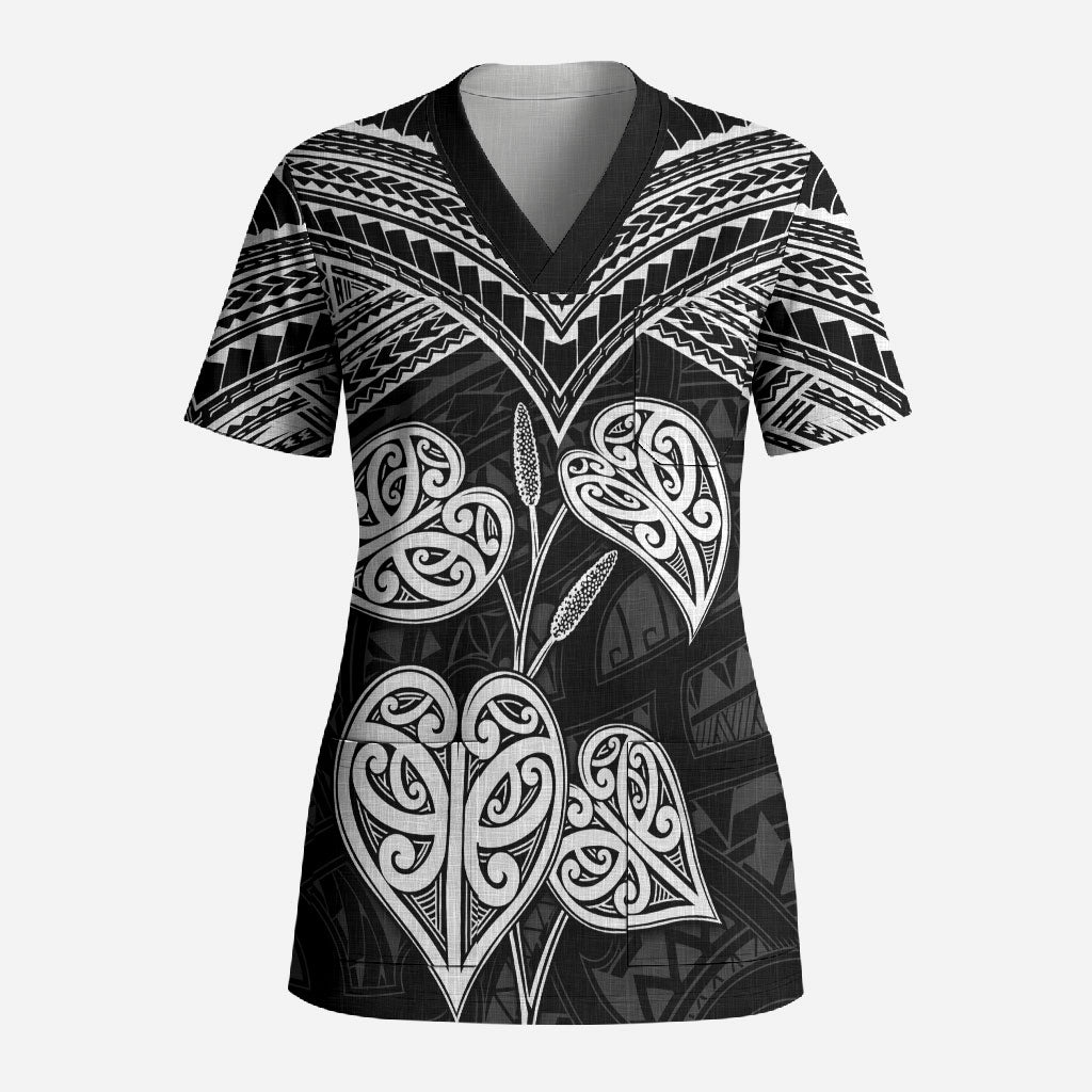Black New Zealand Kawakawa Maori Ngaru Scrub Top LT14 Adult Black - Polynesian Pride