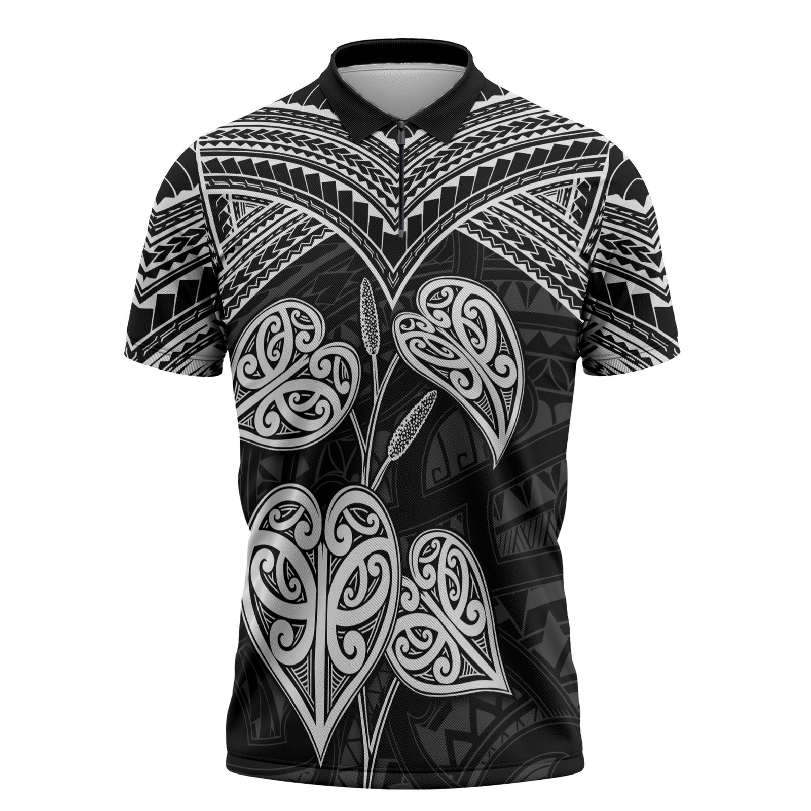 Black New Zealand Kawakawa Maori Ngaru Zipper Polo Shirt LT14 Black - Polynesian Pride
