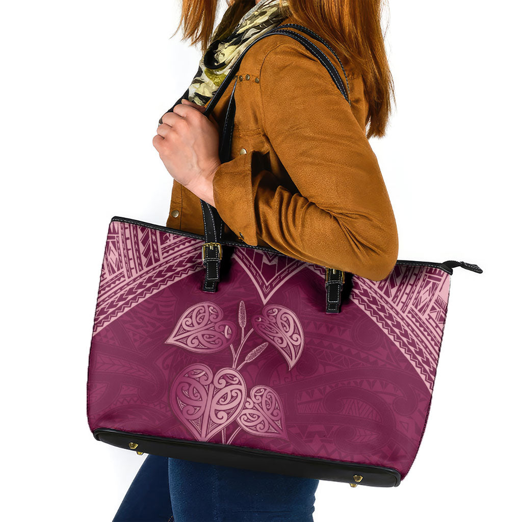 Burgundy New Zealand Kawakawa Maori Ngaru Leather Tote Bag LT14 Burgundy - Polynesian Pride