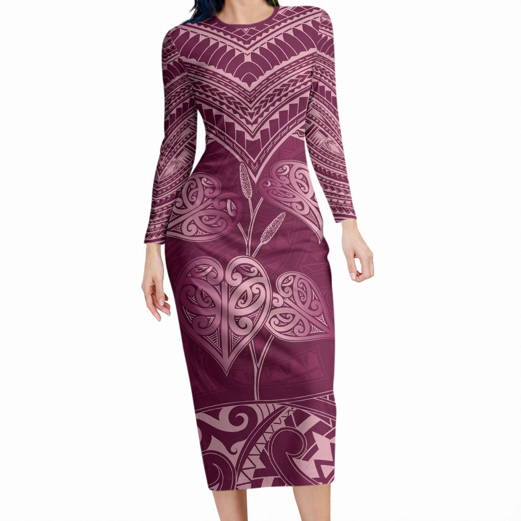 Burgundy New Zealand Kawakawa Maori Ngaru Long Sleeve Bodycon Dress LT14 Long Dress Burgundy - Polynesian Pride