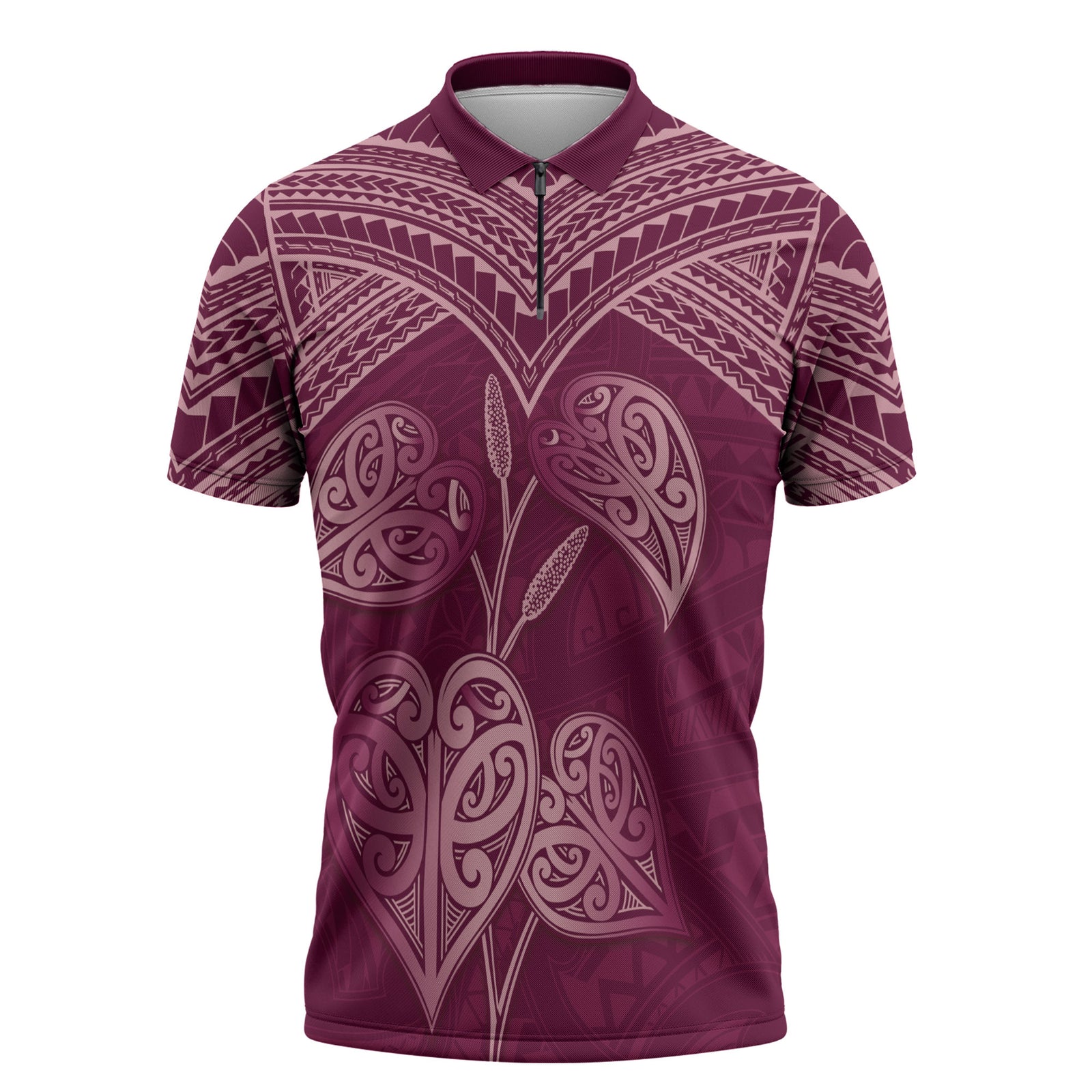 Burgundy New Zealand Kawakawa Maori Ngaru Zipper Polo Shirt LT14 Burgundy - Polynesian Pride