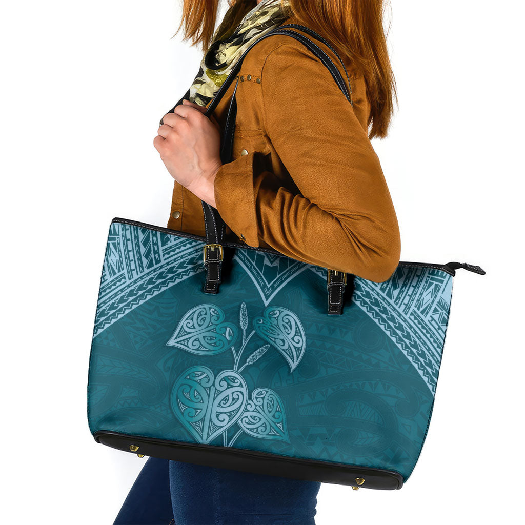 Cyan New Zealand Kawakawa Maori Ngaru Leather Tote Bag LT14 Cyan - Polynesian Pride