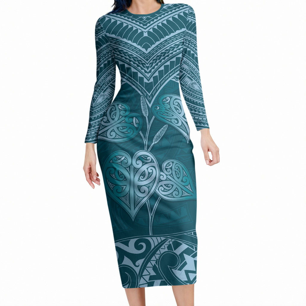 Cyan New Zealand Kawakawa Maori Ngaru Long Sleeve Bodycon Dress LT14 Long Dress Cyan - Polynesian Pride