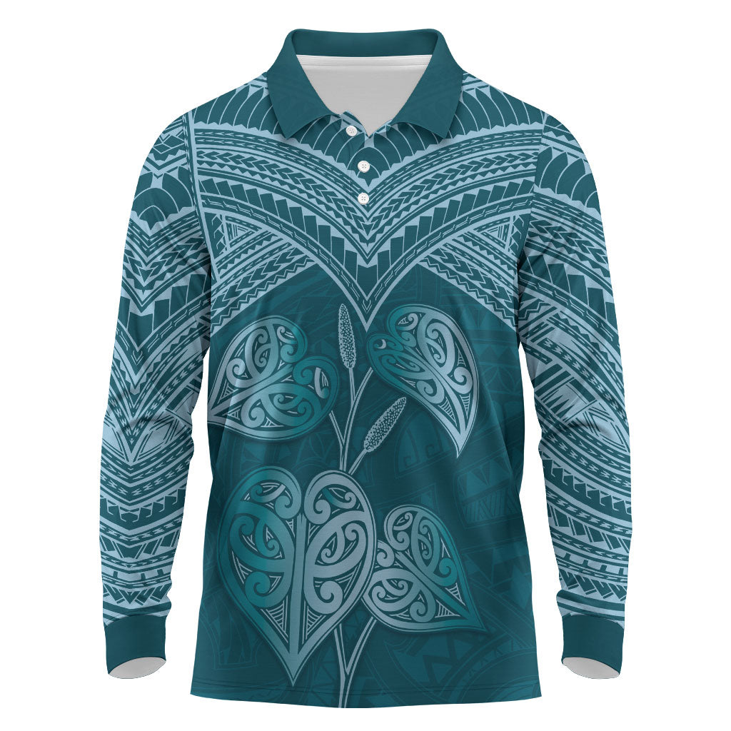 Cyan New Zealand Kawakawa Maori Ngaru Long Sleeve Polo Shirt LT14 Cyan - Polynesian Pride