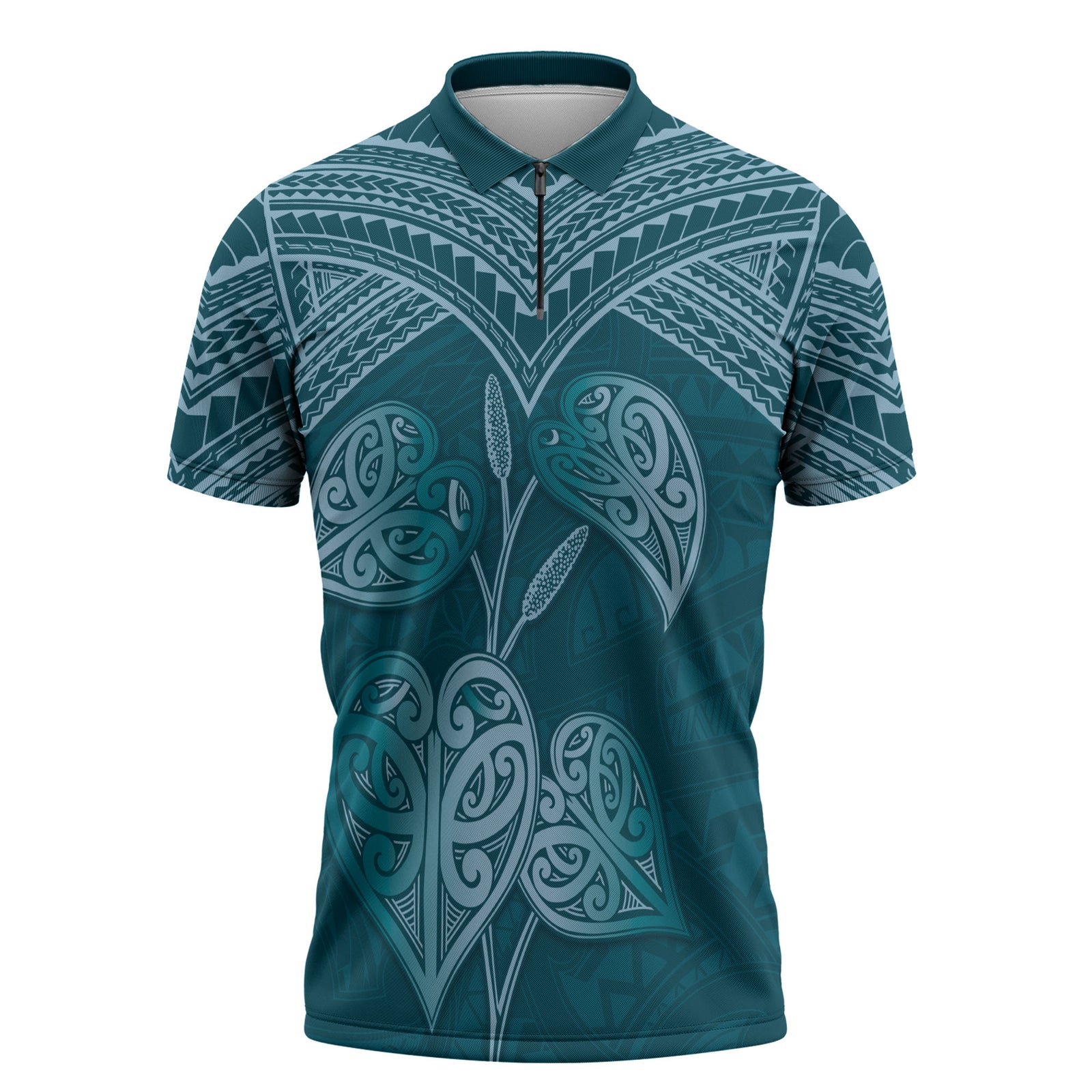 Cyan New Zealand Kawakawa Maori Ngaru Zipper Polo Shirt LT14 Cyan - Polynesian Pride
