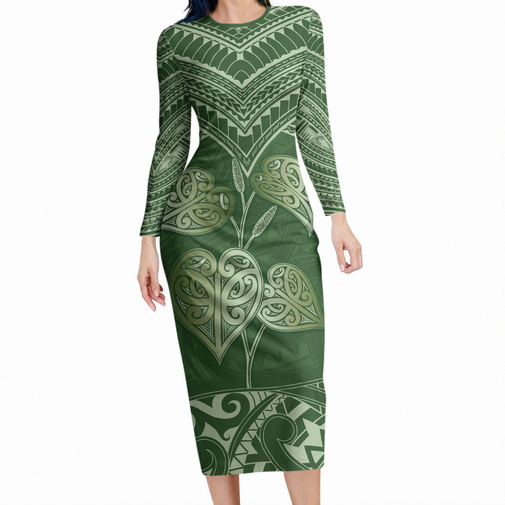 Green New Zealand Kawakawa Maori Ngaru Long Sleeve Bodycon Dress LT14 Long Dress Green - Polynesian Pride