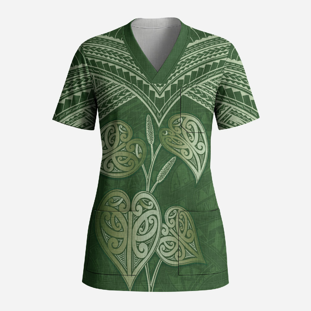 Green New Zealand Kawakawa Maori Ngaru Scrub Top LT14 Adult Green - Polynesian Pride