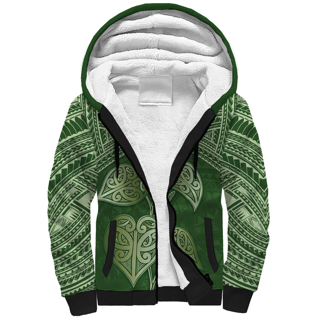 Green New Zealand Kawakawa Maori Ngaru Sherpa Hoodie LT14 Unisex Green - Polynesian Pride