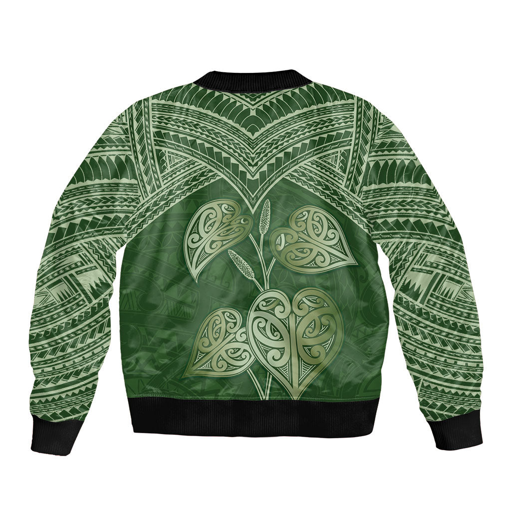 Green New Zealand Kawakawa Maori Ngaru Sleeve Zip Bomber Jacket LT14 - Polynesian Pride