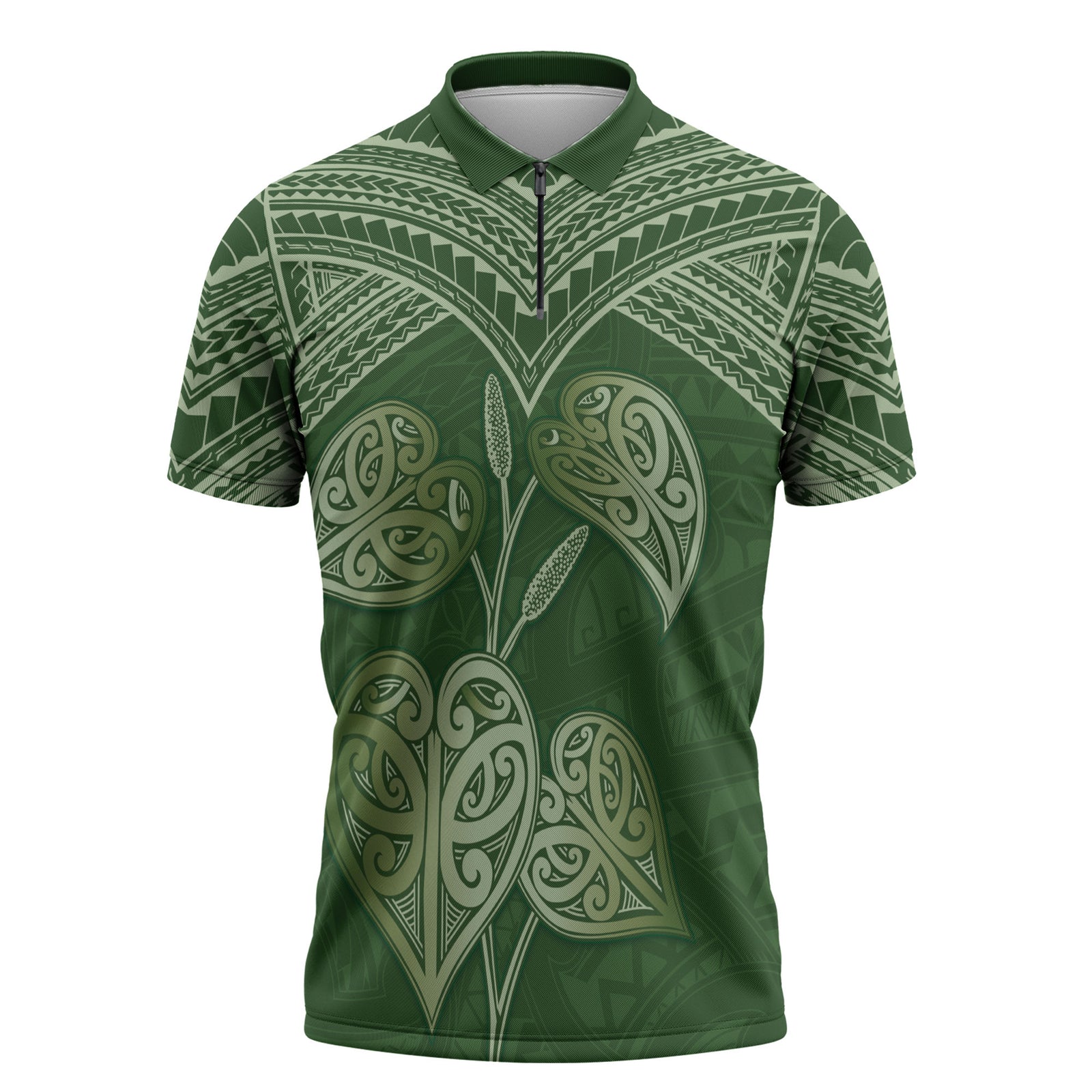 Green New Zealand Kawakawa Maori Ngaru Zipper Polo Shirt LT14 Green - Polynesian Pride