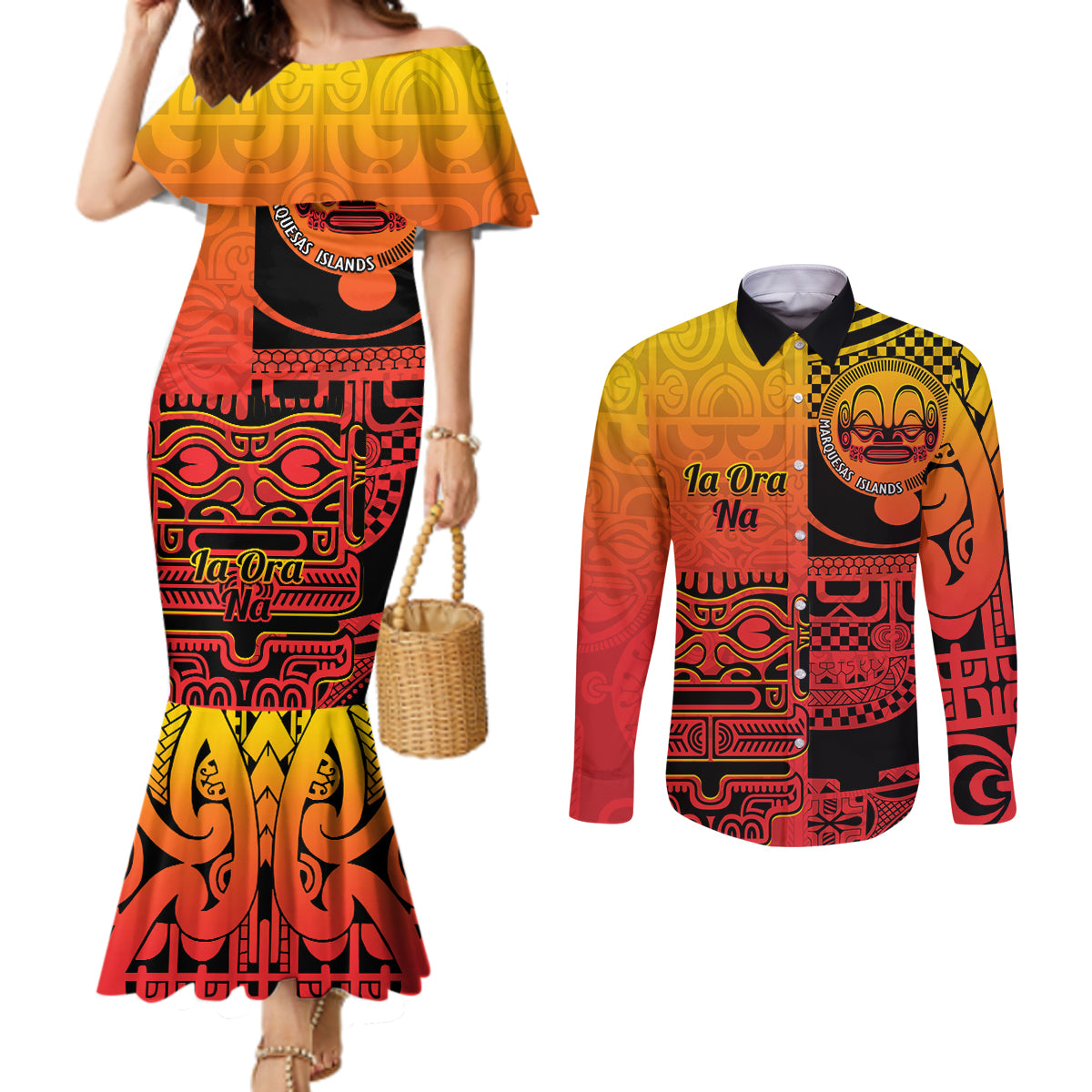 Personalised Ia Ora Na Marquesas Islands Couples Matching Mermaid Dress and Long Sleeve Button Shirt Mata Tiki Marquesan Tattoo LT14 Red - Polynesian Pride