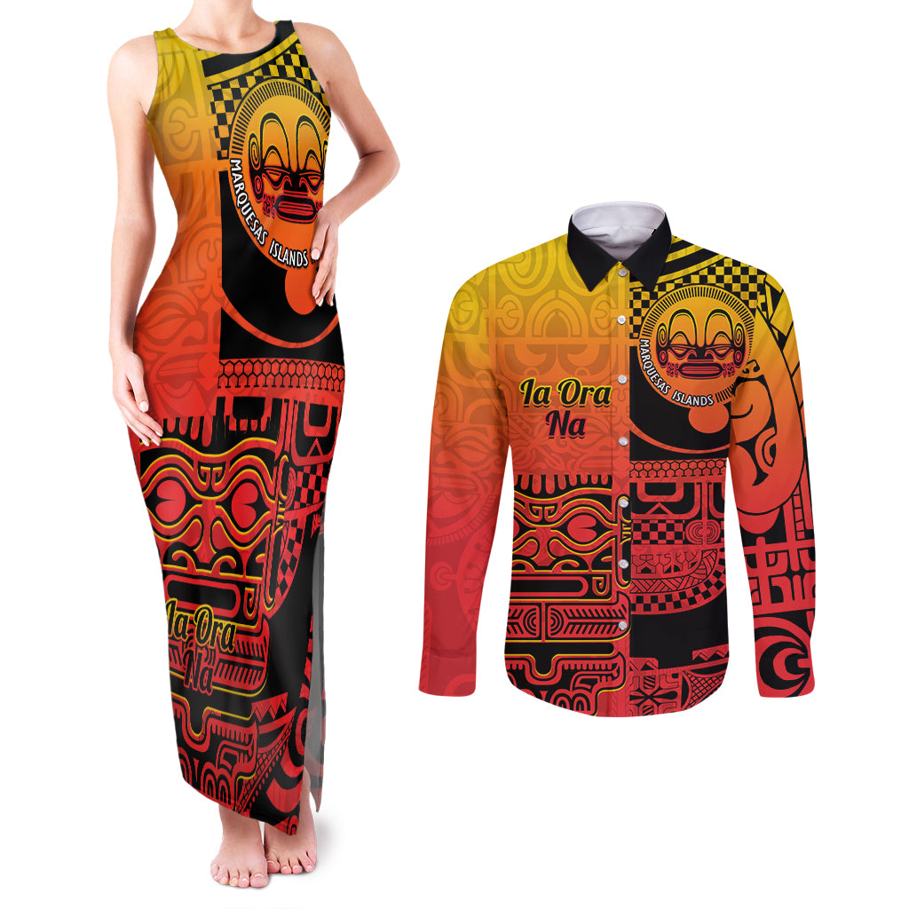 Personalised Ia Ora Na Marquesas Islands Couples Matching Tank Maxi Dress and Long Sleeve Button Shirt Mata Tiki Marquesan Tattoo LT14 Red - Polynesian Pride