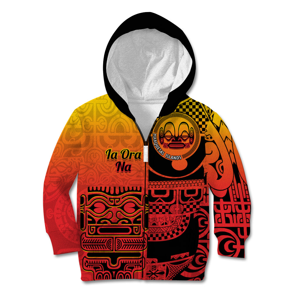 Personalised Ia Ora Na Marquesas Islands Kid Hoodie Mata Tiki Marquesan Tattoo LT14 Zip Hoodie Red - Polynesian Pride