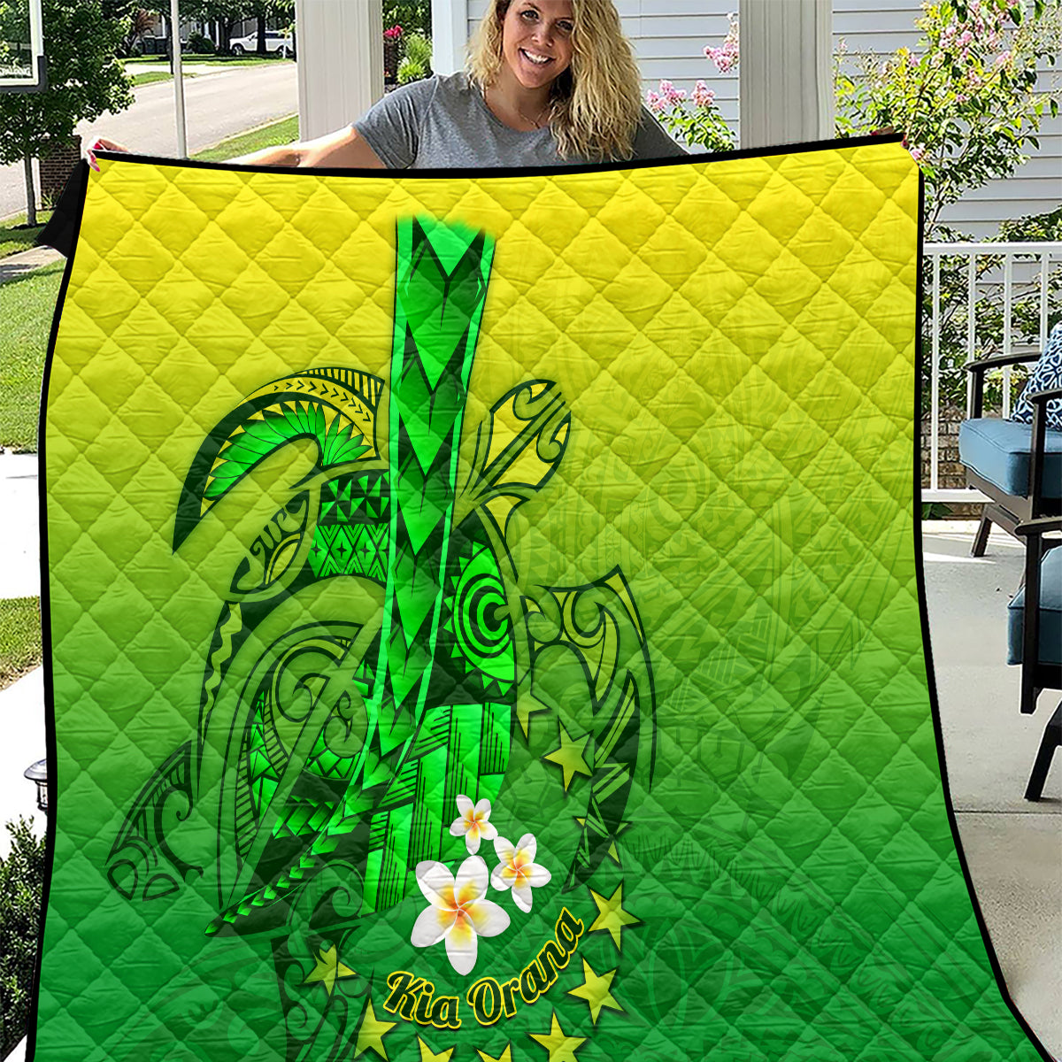 Kia Orana Cook Islands Quilt Kuki Airani Tattoo Pattern With Sea Turtle LT14 Green - Polynesian Pride