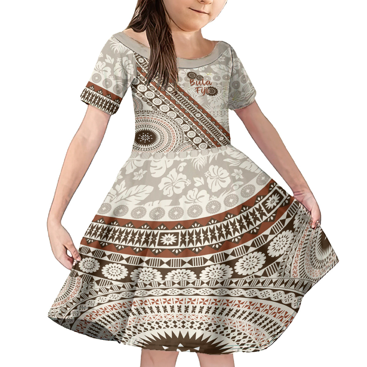 Bula Fiji Kid Short Sleeve Dress Fijian Masi Tapa Cloth Vintage Vibes LT14 KID Beige - Polynesian Pride